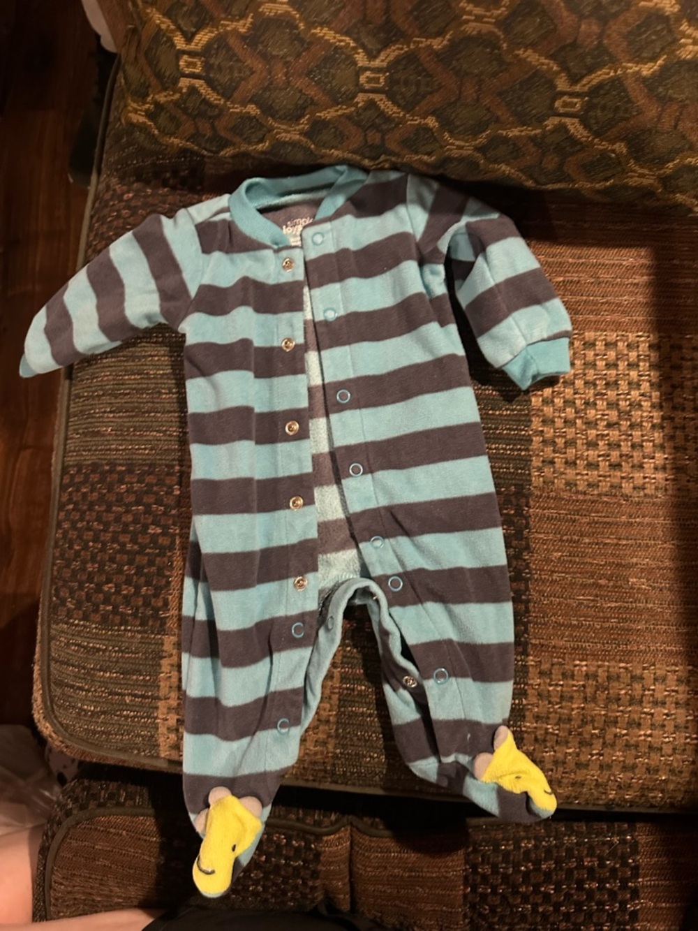 Cozy Blue & Gray Striped Baby Footie with Yellow Feet